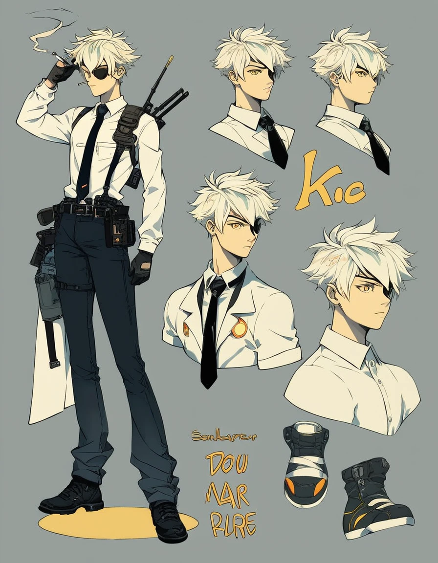 Human Male,oc , Smoking ,short hair Style , Simple background,character sheet ,Seriously face , manga Style , wearing eye patch , white shirt ,Shoulder Holster ,pose ,Full body ,Tie  ,Simple background,character sheet , concept art  , yellow eye 