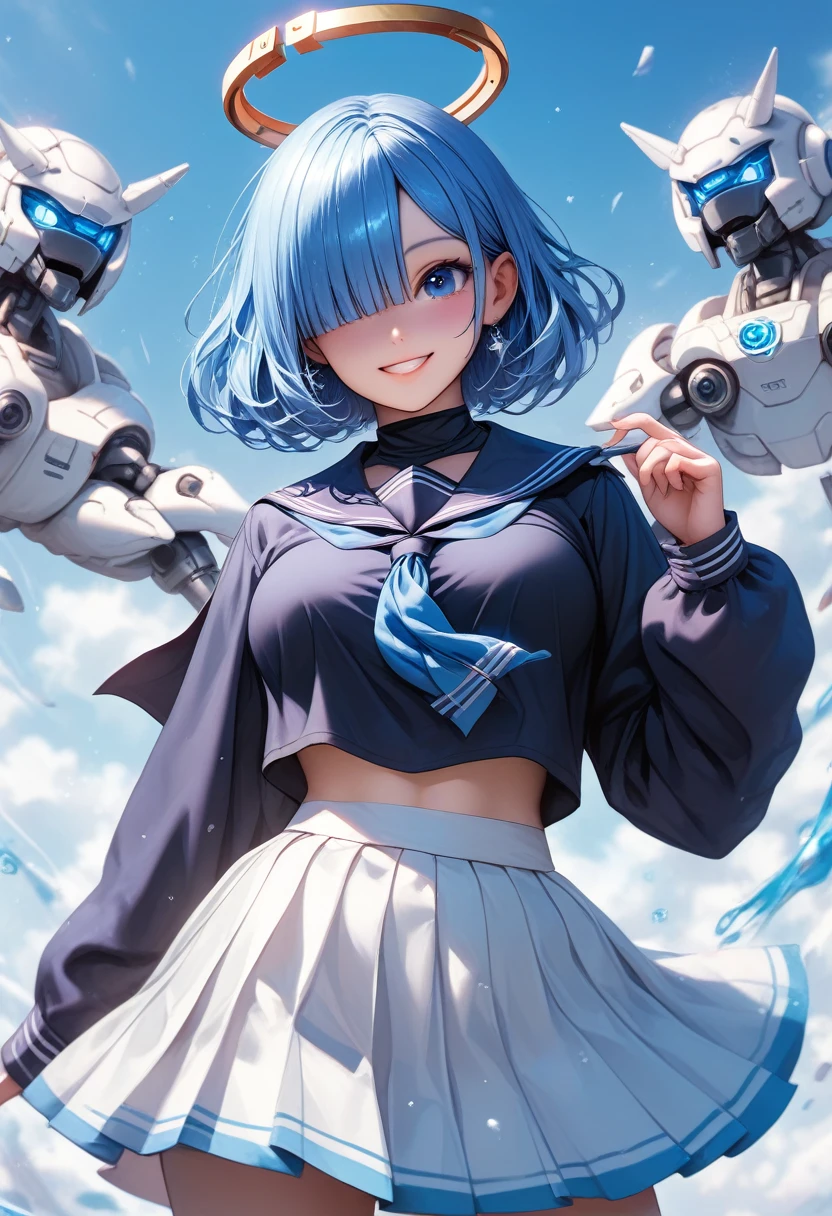 score_9, score_8_up, score_8, medium breasts, (curvy), cute, eyelashes, BREAK, , ,,, zzArona, blue eyes, blue hair, hair over one eye, bangs, blue halo, mechanical halo, long sleeves, ribbon, school uniform, serafuku, skirt, white skirt, BREAK, (warm colors), smile, looking at viewer, cowboy shot, ,,, embedding:zPDXL, Expressiveh, ,,, 