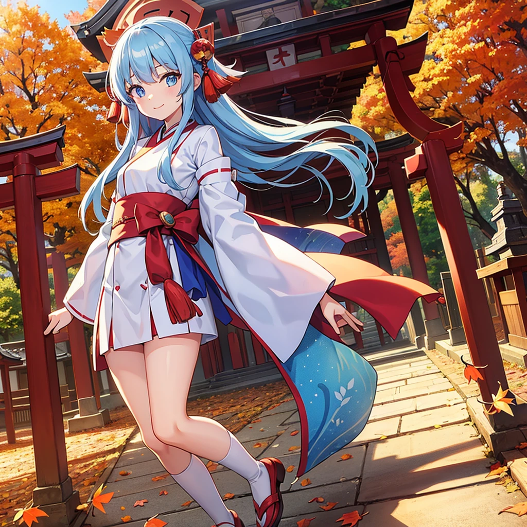 shrine maiden costume, 1girl, solo, autumn sky, autumn leaves, Kyoto, light blue hair, long hair, light blue eyes,flat chest, slim figure, smile, perfect anatomy