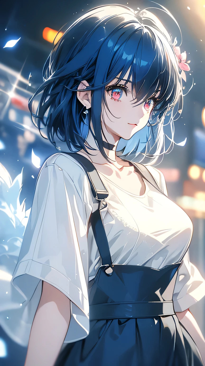  pretty girl, blue hair short hair, loose fluffy perm,Flower Hair Ornaments, white t-shirt , overalls,Korean girl walking down the street ,  soft lighting glow effect like a movie