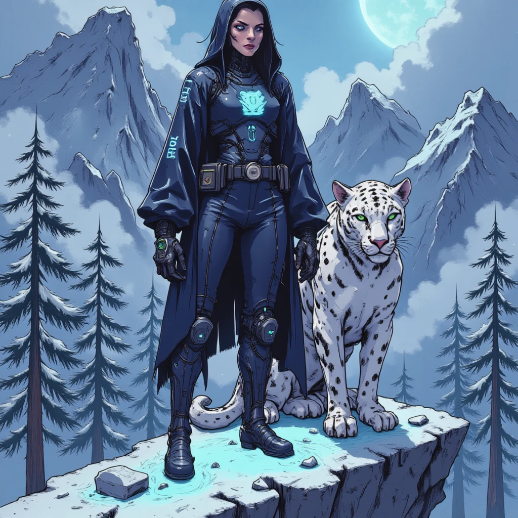 Comic book style scene of a serene, mystical woman standing on the edge of a jagged cliff in snowy mountains at dusk. She wears flowing robes of deep indigo with shimmering silver constellations layered over sleek, light power armor. Pouches at her waist and legs add practicality to her ethereal presence. Her hood casts shadows over her face, but glowing, pupil-less eyes pierce through with calm strength.
Beside her, a sleek white panther stands poised, its body faintly illuminated with glowing, intricate patterns mirroring her robes. Its piercing eyes scan the snow-covered trees below, exuding vigilance. The bond between the two is unmistakable, their stillness contrasting the swirling snow.
The eerie, dim blue light from above casts long shadows over the cliffside, blending the snowy landscape into the jagged, dark mountains. Snow falls gently, muffling the wilderness below, where tall evergreens rise like shadowy sentinels. The angle is dynamic, slightly low, emphasizing the woman and her panther as figures of quiet strength in the desolate, mystical expanse.
comic book style, dynamic angle, dynamic viewpoint, cyberpunk.