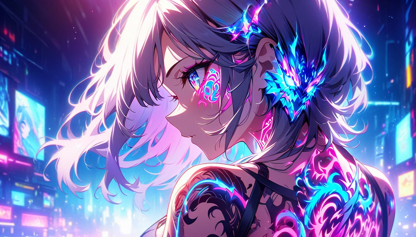  cyberpunk、A girl is decorated with thick anime art illustrations, glowing neon dragon tattoos on her body and face。The tattoo on his back   、Neon flashing、 The scene is dreamy , soft-focus effect that accentuates the brilliance of the tattoo.