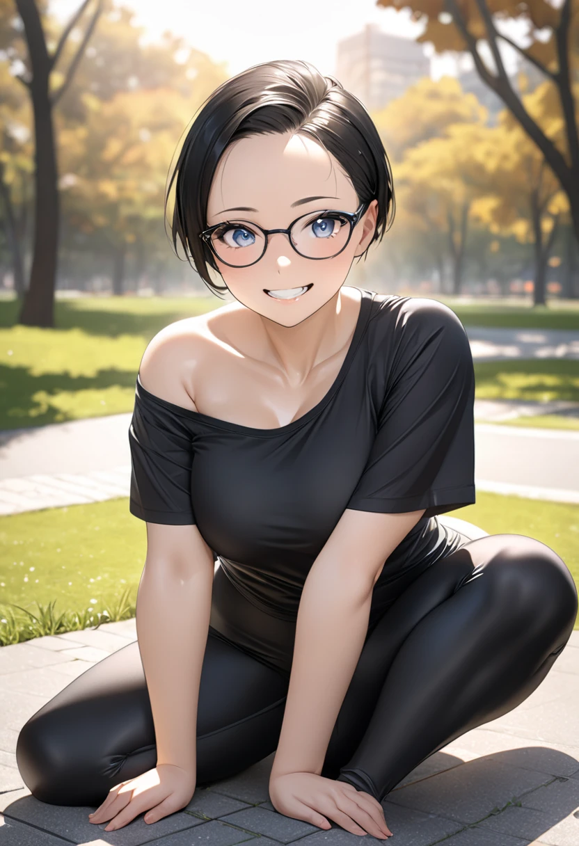 masterpiece, best quality, 1girl, solo, K-NANAMI, ((20yo, japanese face, japanese Actress)), short hair, black hair, black eyes, blue jacket, black gym-wear, (No expression), sitting, outdoors, sitting on a bench, ((upper body, face focus, face close-up)), smile, teeth,One woman has black hair, short cut, red rimmed glasses, has an H-cup bust one piece of underwear for the lower body, very large breasts, very big ass, I can see your pants, white underwear, underwear that digs into the crotch, very beautiful face, indoor,