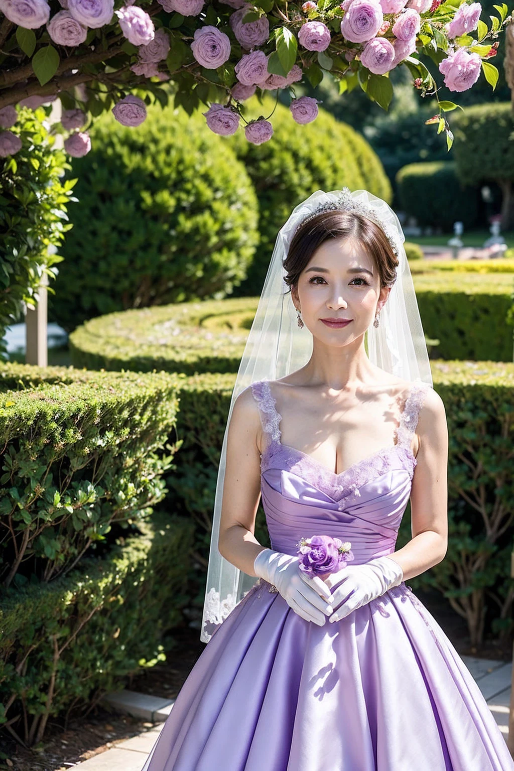 ((Masterpiece)), ((Best Quality)), A middle-aged short-hair woman, (((She is wearing a light purple wedding dress))), in a garden, white gloves on her hands, Asian, dark eyes, white veil, 