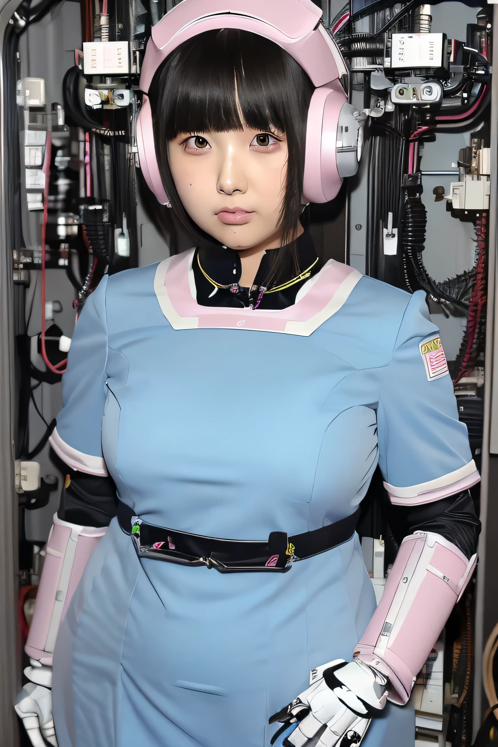 masterpiece, best quality, extremely detailed,portrait,front view,Japaese android girl,Plump,pastel color uniform, control panels,android,Droid,Mechanical Hand, Robot arms and legs,Blunt bangs,long tube,thick cable connected her neck