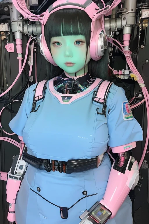 masterpiece, best quality, extremely detailed,portrait,front view,Japaese android girl,Plump,pastel color uniform, control panels,android,Droid,Mechanical Hand, Robot arms and legs,Blunt bangs,long tube,thick cable connected her neck