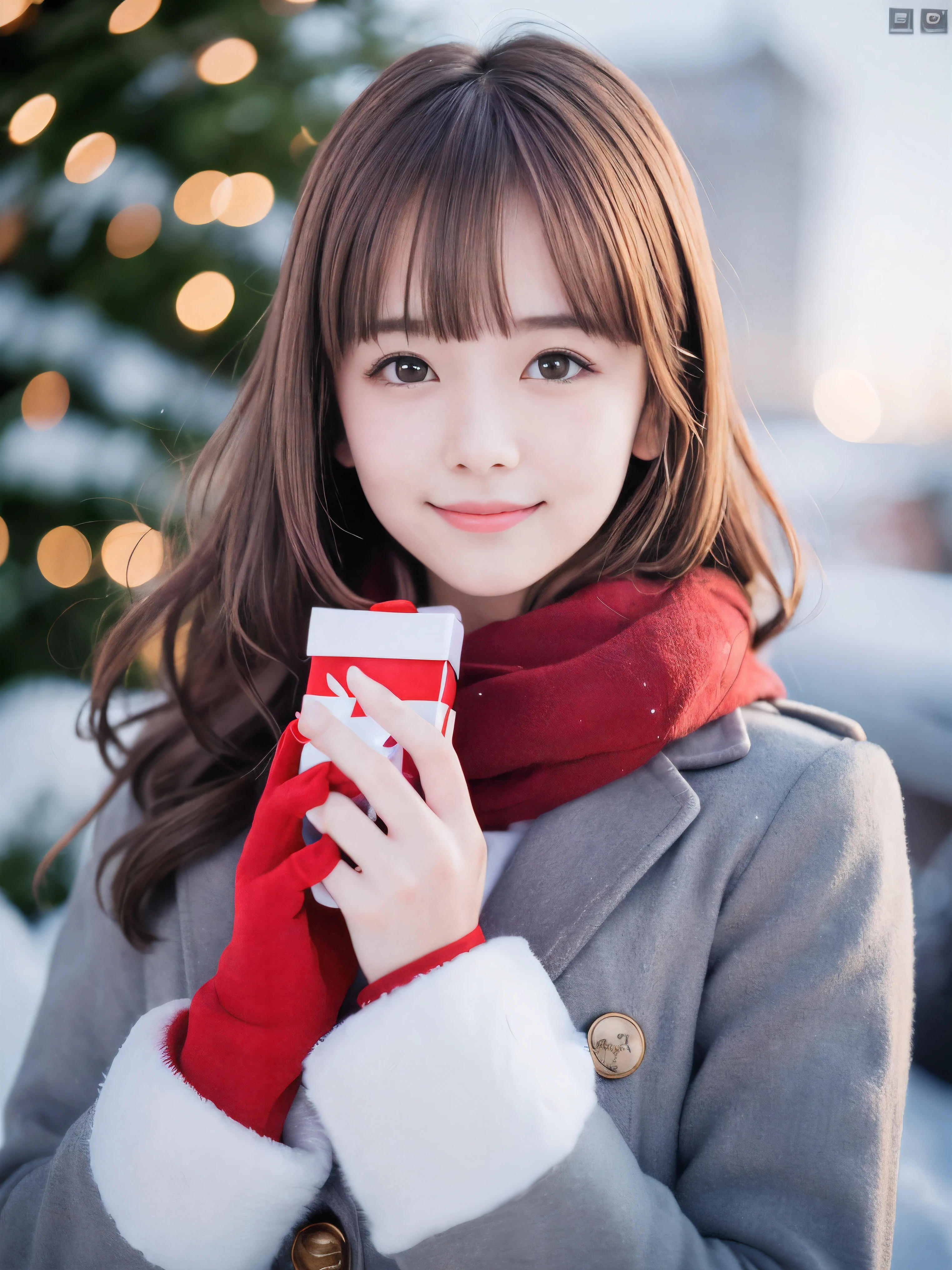 (Close-up face shot of one slender small breasts red brown wavy long hair with dull bangs girl in a winter long coat and  scarf:1.5)、(One girl is holding a gift box with gloves in hand with small smile:1.5)、(Very beautiful Christmas illumination:1.5)、(Heavy snowing night:1.5)、(blurred background:1.5)、(Natural light:1.5)、(8k ultra detailed master piece:1.5)、(perfect anatomy:1.5)、(Photorealistic stick:1.5)、(Raw photo:1.3)、(highest quality:1.5)、(High resolution:1.3)、(Delicate and beautiful perfect face:1.3)、(Delicate and beautiful eye air skin:1.3)、(Real Human Skin:1.3)、((thin legs))