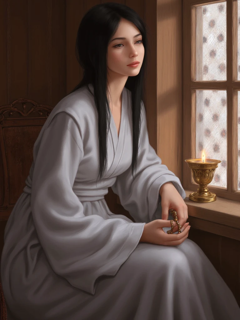 Digital painting featuring a woman seated indoors near a wooden window with lattice design. She has long, straight black hair and fair skin, wearing a traditional, flowing white robe with wide sleeves. Her expression is serene and contemplative as she gazes out the window. In her hand, she holds a string of prayer beads, and a small, elegant candle holder with a lit candle is placed in front of her. The background consists of wooden panels, adding a rustic and traditional ambiance to the scene. The lighting is soft and natural, highlighting her facial features and the texture of her clothing.