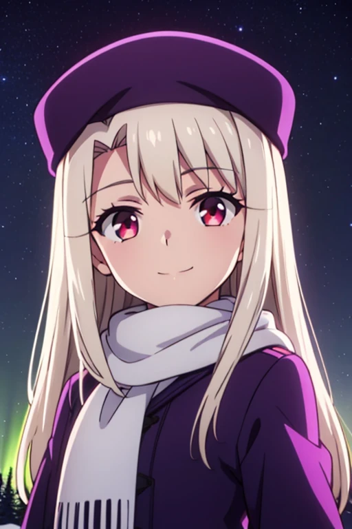 best quality, masterpiece, highres, solo, (illyasviel_von_einzbern_fatestaynightufotable:1.10), 1girl, papakha, night, northern lights, aurora borealis, white scarf, purple headwear, purple coat, anime coloring, closed mouth, looking at viewer, smile, outdoors, upper body, anime_style, 3 