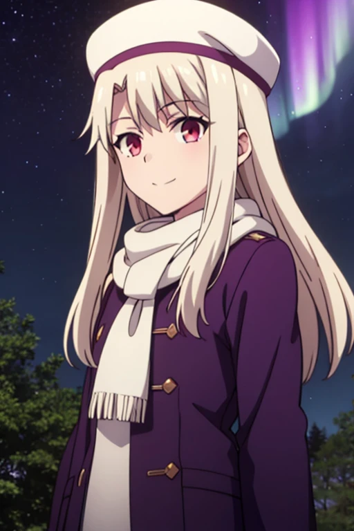 best quality, masterpiece, highres, solo, (illyasviel_von_einzbern_fatestaynightufotable:1.10), 1girl, papakha, night, northern lights, aurora borealis, white scarf, purple headwear, purple coat, anime coloring, closed mouth, looking at viewer, smile, outdoors, upper body, anime_style, 3 