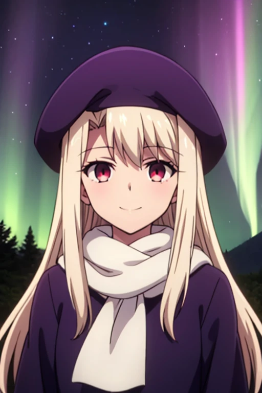 best quality, masterpiece, highres, solo, (illyasviel_von_einzbern_fatestaynightufotable:1.10), 1girl, papakha, night, northern lights, aurora borealis, white scarf, purple headwear, purple coat, anime coloring, closed mouth, looking at viewer, smile, outdoors, upper body, anime_style, 3 