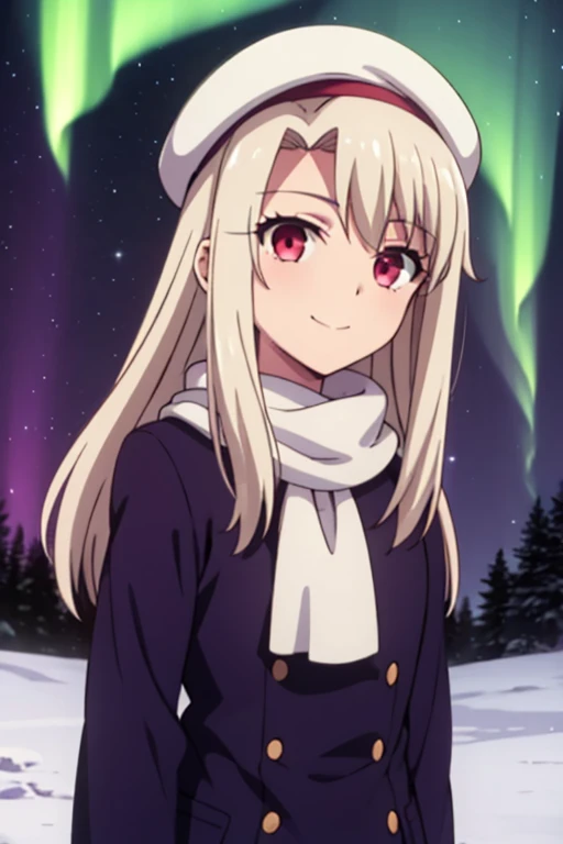 best quality, masterpiece, highres, solo, (illyasviel_von_einzbern_fatestaynightufotable:1.10), 1girl, papakha, night, northern lights, aurora borealis, white scarf, purple headwear, purple coat, anime coloring, closed mouth, looking at viewer, smile, outdoors, upper body, anime_style, 3 