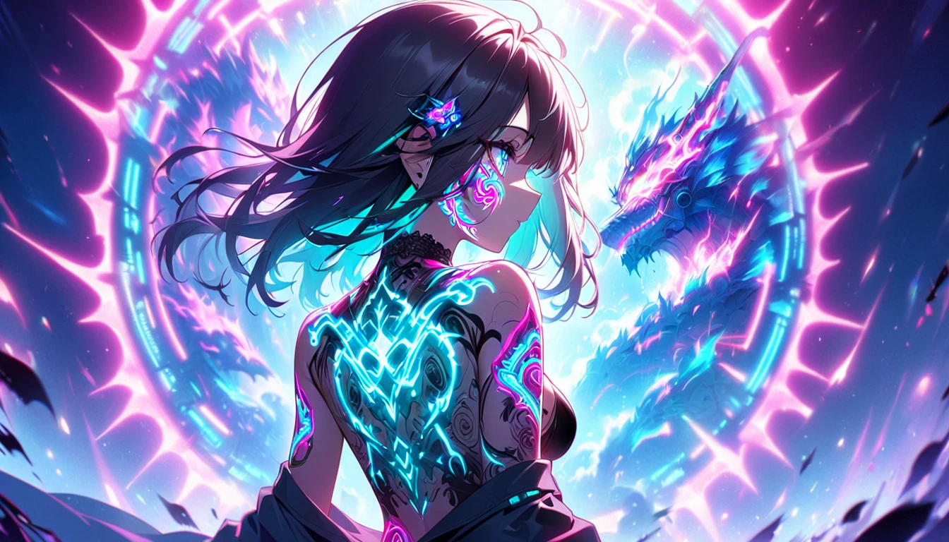  cyberpunk、 A girl is decorated with thick anime art illustrations, glowing neon dragon tattoos on her body and face。The tattoo on his back   、Neon flashing、 The scene is dreamy , soft-focus effect that accentuates the brilliance of the tattoo.