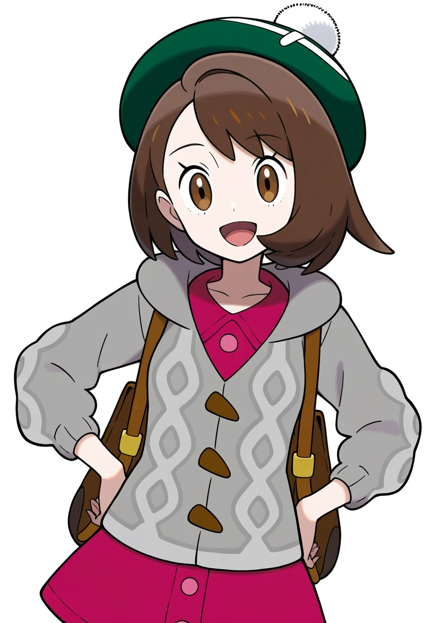 1girl, brown hair, brown eyes, open mouth, :d, hands on own hips, tongue, short hair, bob cut, eyelashes, hat, dress, tam o' shanter, buttons, cardigan, pink dress, collared dress, long sleeves, hood, looking at viewer, solo, gloria (pokemon), white background, cowboy shot, smile, green headwear, hooded cardigan, grey cardigan, cable knit