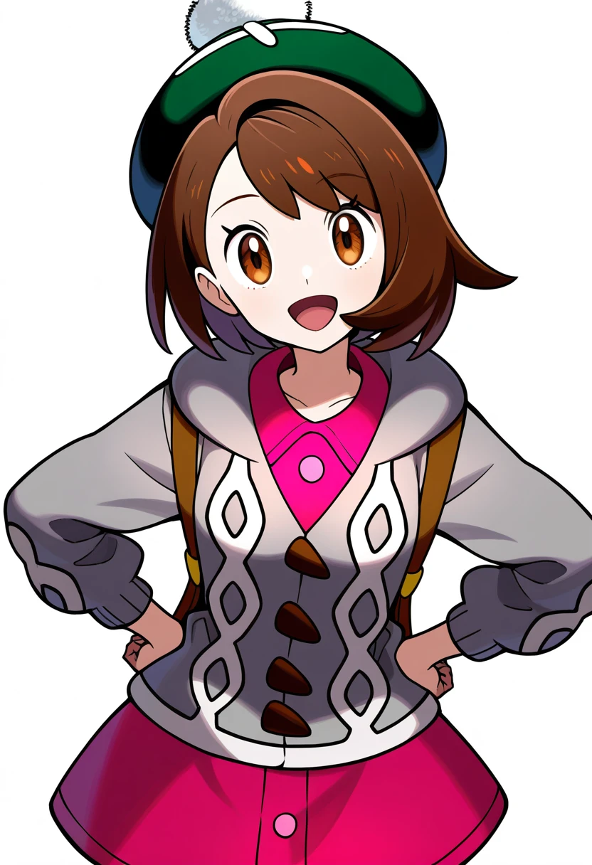 1girl, brown hair, brown eyes, open mouth, :d, hands on own hips, tongue, short hair, bob cut, eyelashes, hat, dress, tam o' shanter, buttons, cardigan, pink dress, collared dress, long sleeves, hood, looking at viewer, solo, gloria (pokemon), white background, cowboy shot, smile, green headwear, hooded cardigan, grey cardigan, cable knit