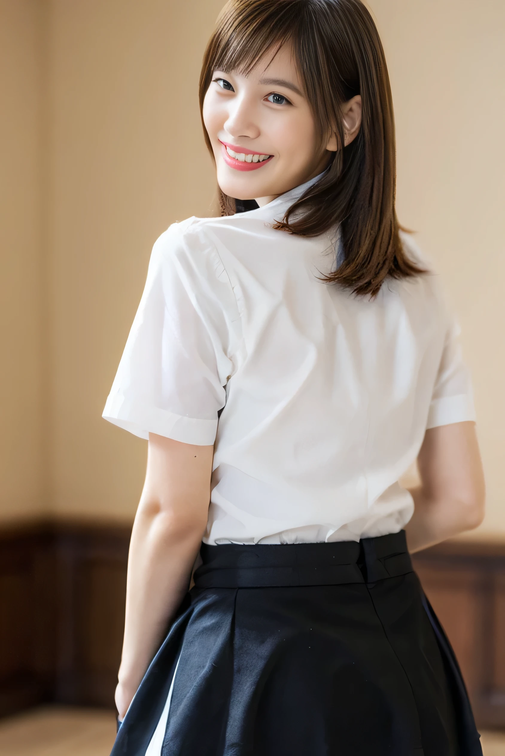 Masterpiece、Raw photography、(((Ultimate Beauty Portrait)))、((glistning skin))、close mouth、no mask、dark brown eye、teen、highschool girl、age 15、natural make、short bob、((​masterpiece、top-quality、ultra-detailliert、intricate-detail、hight resolution、highly detailed))、8KUHD、Digital SLR、Soft light、high quality 、Shallow depth of field、natural soft light、Squatting, Shy smile , Beautiful skin, ((of the highest quality, 16 K, masterpiece: 1.3)), 1 girl, Light on Face, hyper detailed face, very detailed lips, Detailed eyes、real looking skin、Uniform、White panties are visible from the skirt、Sheer white shirt、Navy blue ribbon at the collar、Dark blue pleated mini、((slightly lift the hem of the skirt with both hands,,,))、Pointing your butt at the camera、The face is looking back at the camera,(white cotton panty:1.4)