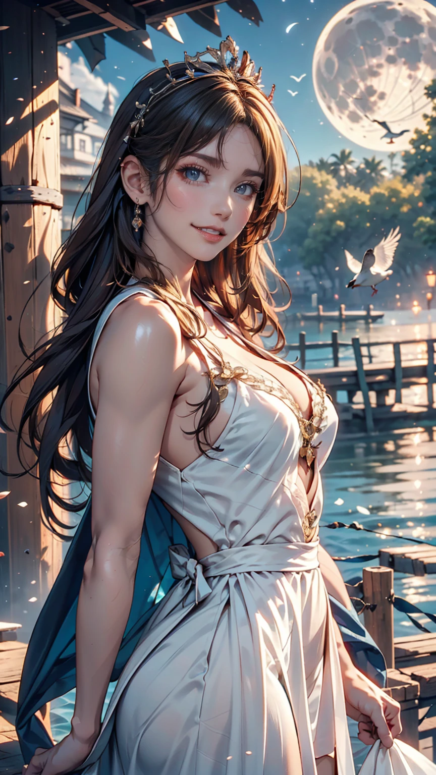 ,(( best quality))),8k,((masterpiece)),(Extremely sophisticated and beautiful), A girl emerges from the sea,  the swan princess in Russian mythology , Beautiful calm face,  blue eyes,  long blonde hair braided , Moon braid at the back of the head,  white old Russian shiny dress with a Kokoshnik crown on the head, Loving eyes, Half-laugh,   Gentle Expression  ,  Seascape and sunshine in the background  , Seagulls in the sky, full length,  realism