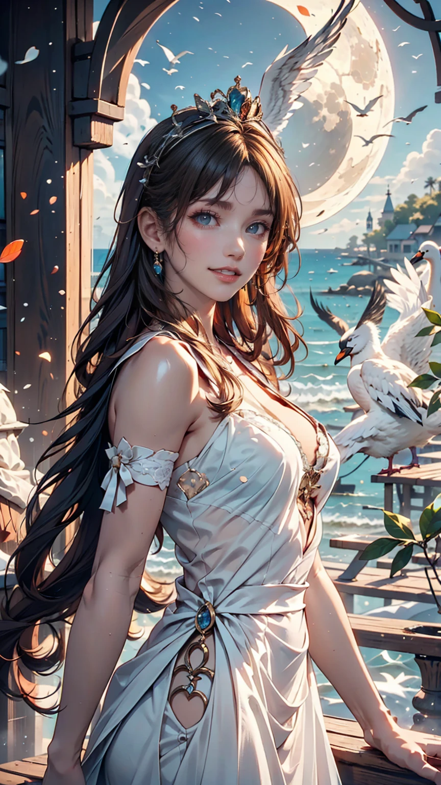 Anime girl sitting on rock in white dress with bird, guwiz, beautiful anime girl, guwiz in pixiv art station, guwiz style artwork, beautiful seductive anime woman, art station guwiz on pixiv, beautiful anime woman, anime goddess, cute anime waifu in beautiful clothes, seductive anime girl, from girl front, big breasts