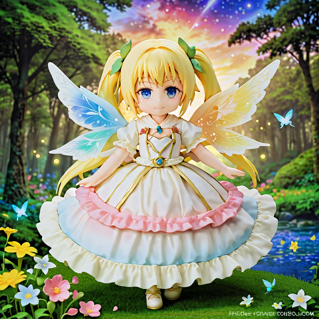 In the magical forest, Mysterious fairy girl appears, Light blue long hair、  twin tails、Adorable smile、The moonlight shines brightly. Her skirt, Woven with petals and stardust, rainbow, Flowers and trees々々 Flapping wings among glowing fireflies  ,  a wonderful symphony of nature echoes&#39;Whisper.,  Creating a place where dreams and reality intersect ，Dance a dance of pure charm.((大きなrainbowがかかっている))