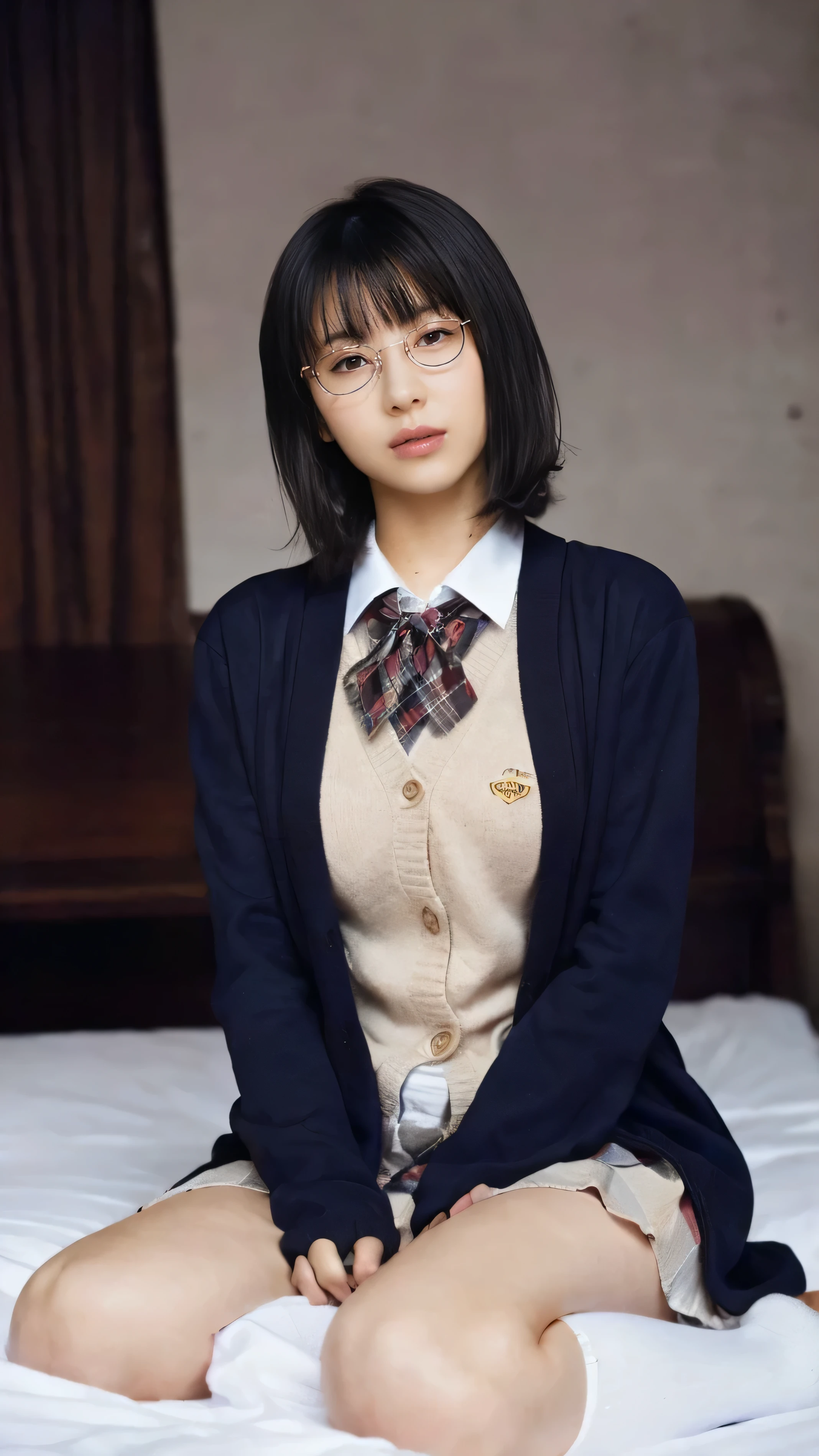 (((8k、High resolution、Highest quality、High resolution)))alone、Natural body shape、White skin、Natural Makeup、Black Hair、bangs、Straight Long Hair、、((High School Uniform)) 、((Beige cardigan、white collared long sleeve blouse))、((Red Plaid Pleated Skirt))、(red school ribbon)、、(Big Breasts:1.3)、((The upper body is wearing a uniform))、(((((Looking into the camera)))))、(((Head to shin portrait)))、(((Exposing thighs)))、Bedroom、On the bed、Sit with your legs apart、((Focus on the crotch))、White socks