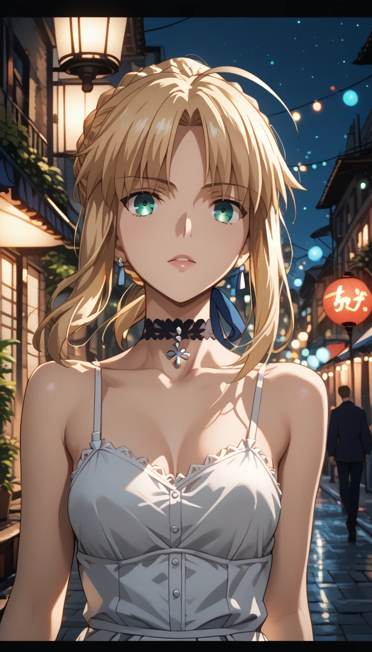 score_9, score_8_up, score_7_up, score_6_up, source_anime, rating_safe, artoria pendragon with long, blonde hair and striking green eyes smiles warmly at the viewer. She wears a delicate, spaghetti-strapped white dress, and a black choker around her neck with a pendant. The background features a lively night scene with blurred figures and colorful lights, suggesting a vibrant urban atmosphere, artoria pendragon \(fate\), saber, blonde hair, green eyes, ahoge, sidelocks,