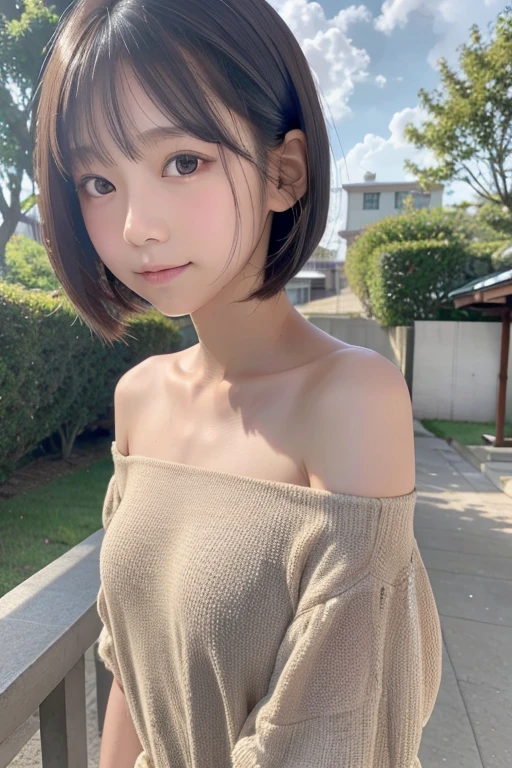 12-year-old beautiful girl, one-shoulder tank top, refreshing smile, short bob