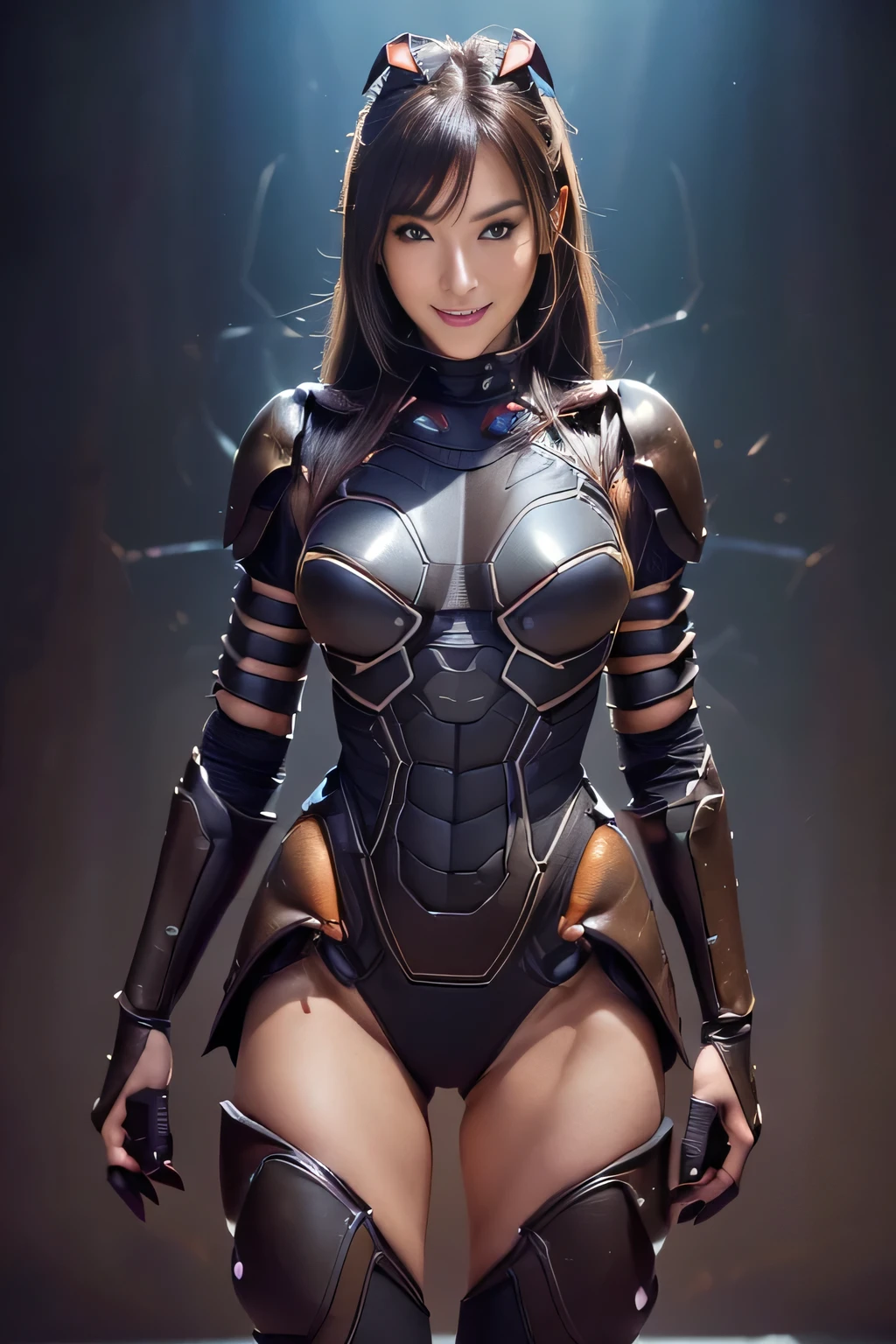 (high resolution,masterpiece,best quality,extremely detailed CG, anime, official art:1.4), realistic, photo, amazing fine details, all intricate, gloss and shiny,awesome many layers, 8k wall paper, 3d, sketch, kawaii, illustration,( solo:1.4), perfect female proportion,villainess, (fusion of dark brown cockroach and lady:1.4), (brown cockroach form lady:1.2), (brown cockroach lady:1.2), (fusion:1.2), (solo:1.4), (evil smile:1.2), muscular, abs, (cockroach brown exoskeleton bio insect suit:1.4), (cockroach brown exoskeleton bio insect armor:1.2), (brown transparency cockroach wing:1.4), (brown cockroach antennae:1.3),
