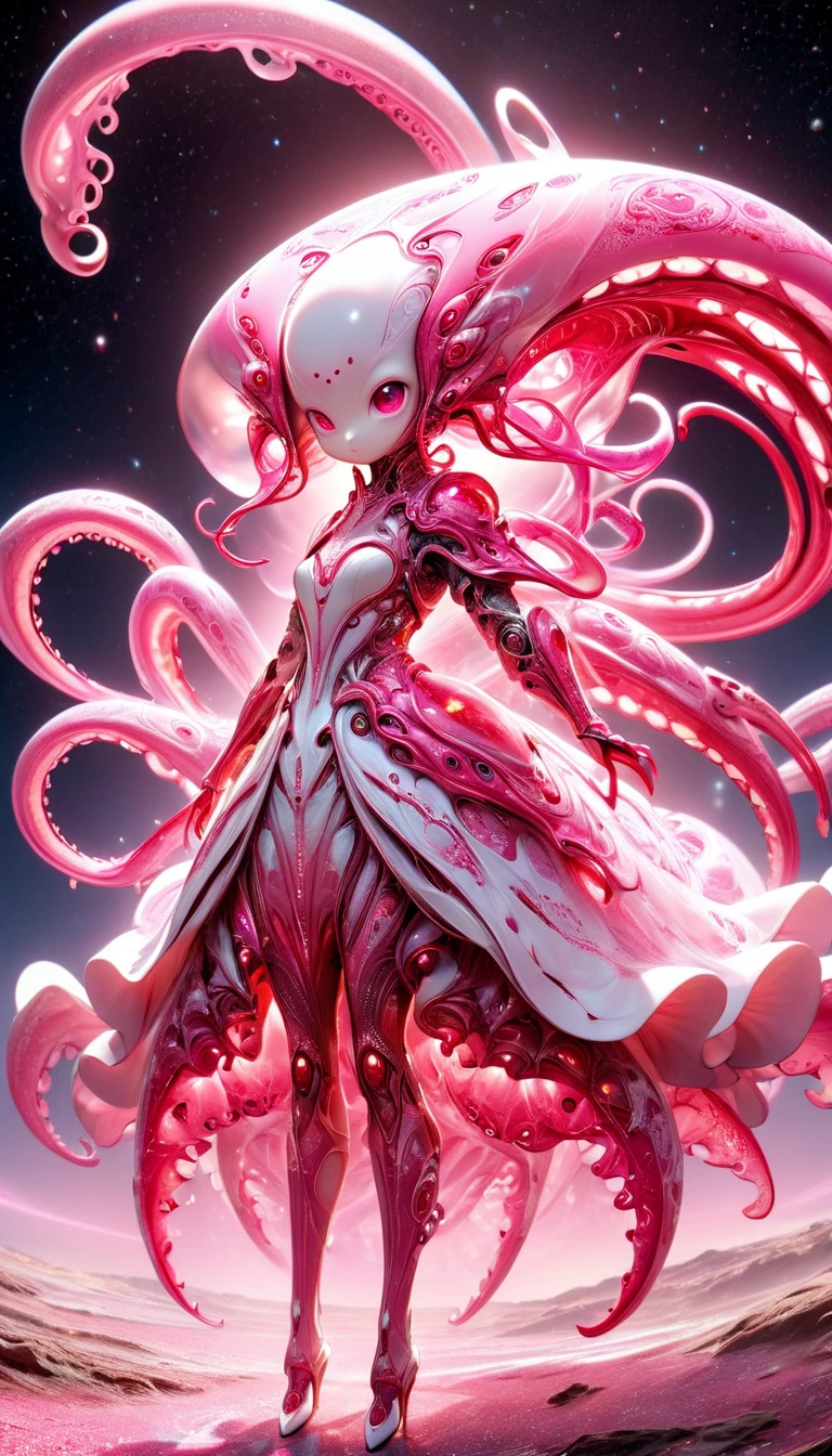 conceptual installation art, humanoid pink squid-like female style alien, pink and red, knight-like with large lance, covered in pink flesh, tentacles, wearing white and pink gradient pannier dress, background galaxy space, various effects, delicate and dynamic textures, contrasts of light and shadow, 2.5D, artistic photography, hyper realistic, digital graphic CG, BREAK ultra detailed, absolutely resolution, best quality