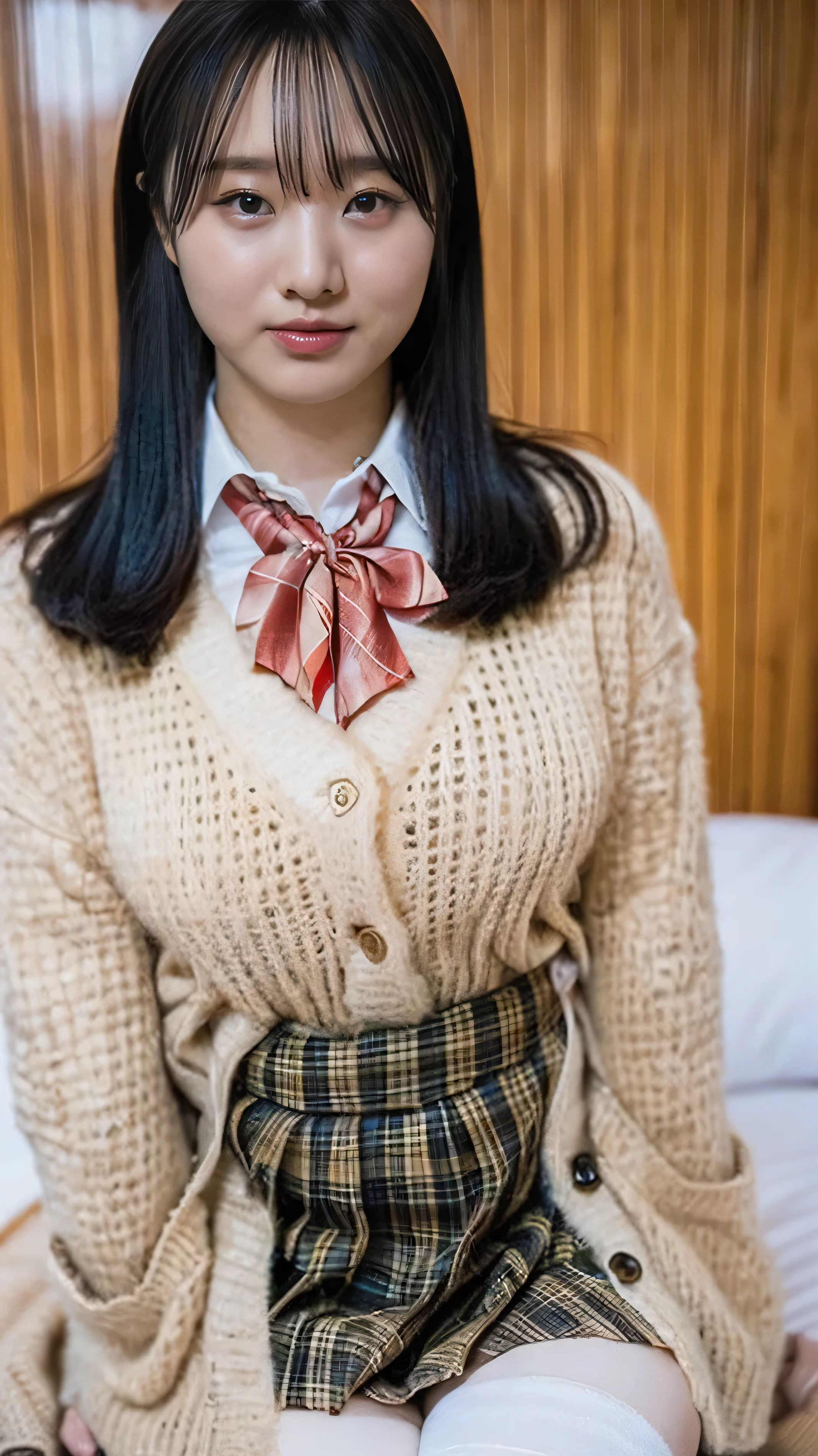 (((8k、High resolution、Highest quality、High resolution)))alone、Natural body shape、White skin、Natural Makeup、Black Hair、bangs、Straight Long Hair、、((High School Uniform)) 、((Beige cardigan、white collared long sleeve blouse))、((Red Plaid Pleated Skirt))、(red school ribbon)、、(Big Breasts:1.3)、((The upper body is wearing a uniform))、(((((Looking into the camera)))))、(((Head to shin portrait)))、(((Exposing thighs)))、Bedroom、On the bed、Sit with your legs apart、((Focus on the crotch))、White socks