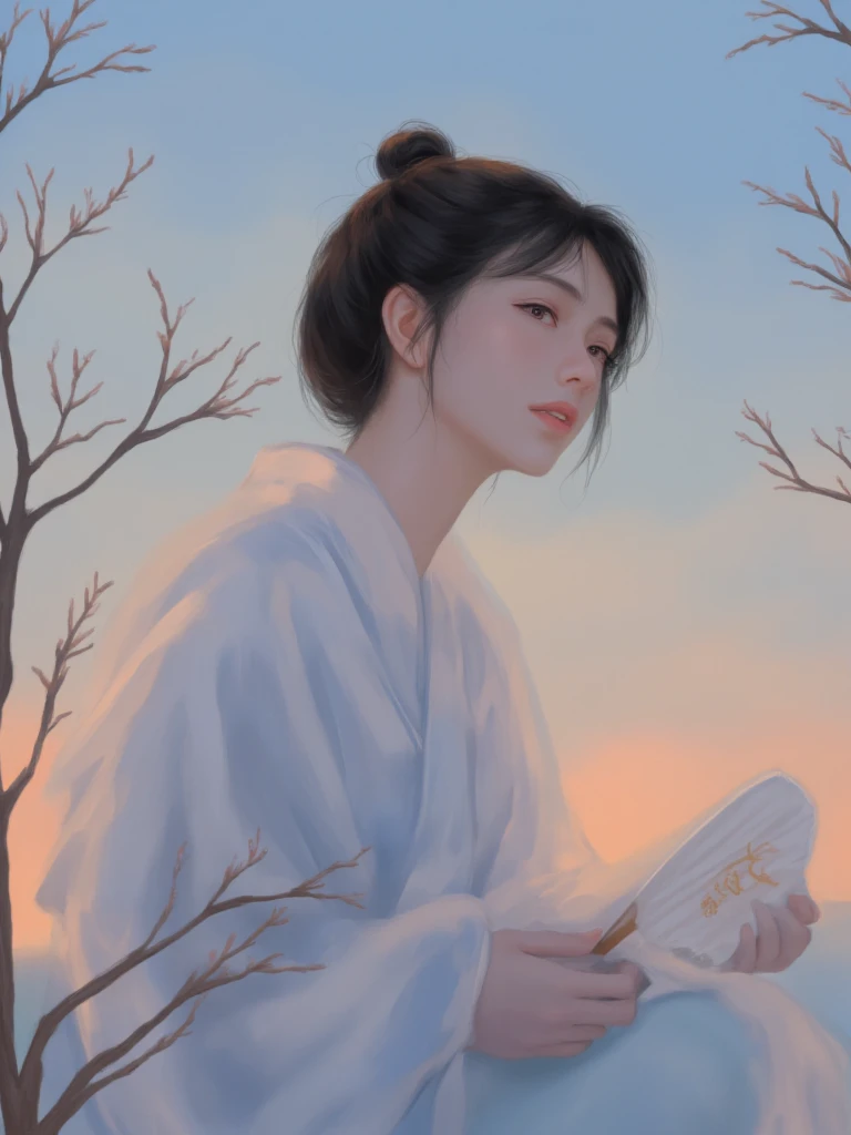 Image is a digital painting with a vertical layout, featuring a serene and ethereal scene. The subject is a woman with fair skin and delicate facial features, depicted in profile. She is wearing a traditional white kimono with subtle blue accents, and her dark hair is elegantly styled in an updo. The woman holds a fan in her right hand, which is partially open. The background is a soft gradient of blue and peach, suggesting a tranquil sky at either dawn or dusk. Bare tree branches frame the scene, adding a touch of natural elegance. The overall composition is harmonious, with a focus on the gentle interplay of light and shadow, creating a peaceful and contemplative atmosphere.