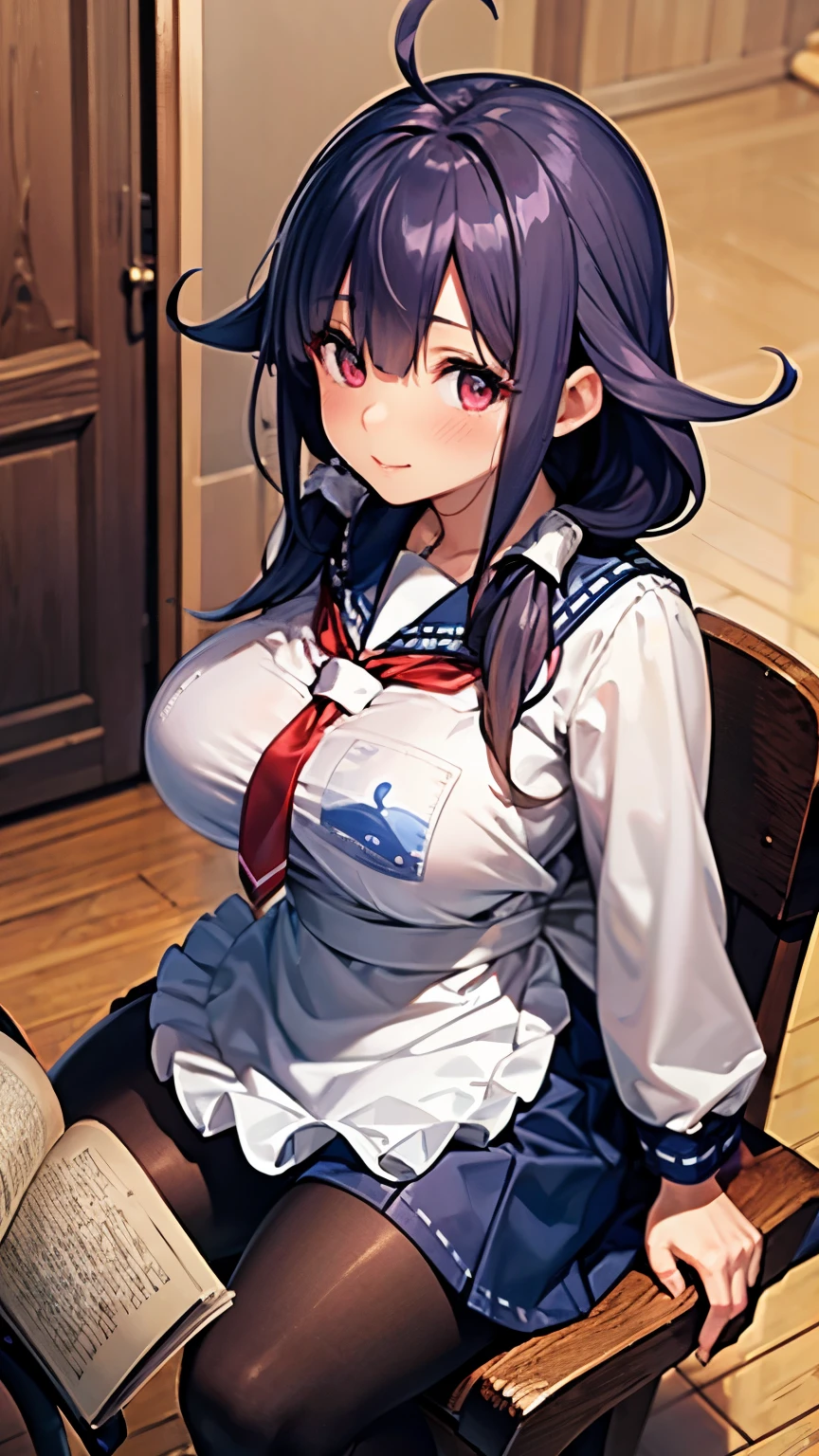 8k high resolution ( super detailed), masterpiece, ( best quality)　 animated illustration 　 detailed eyes on board,  detailed face 　 detailed hands 　Fine hair　 very elaborate body、 fine skin 　solo　 one girl 　 Kantai Collection _Big whale 　TaigeIKC　Red Eye　 sailor suit 　red neckerchief,  blue sailor color, White apron, Blue pleated skirt　 pantyhose 　(Big Breasts)　 see here　Flushed cheeks　 sit on a chair　 from above 