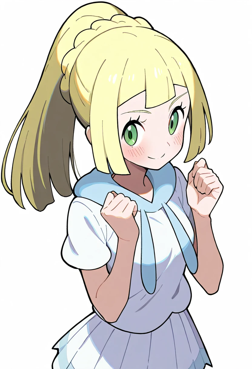 1girl, green eyes, blonde hair, long hair, clenched hands, ponytail, eyelashes, blush, braid, skirt, shirt, short sleeves, pleated skirt, looking at viewer, solo, white background, simple background, lillie (pokemon), closed mouth, white shirt, smile, white skirt, hands up