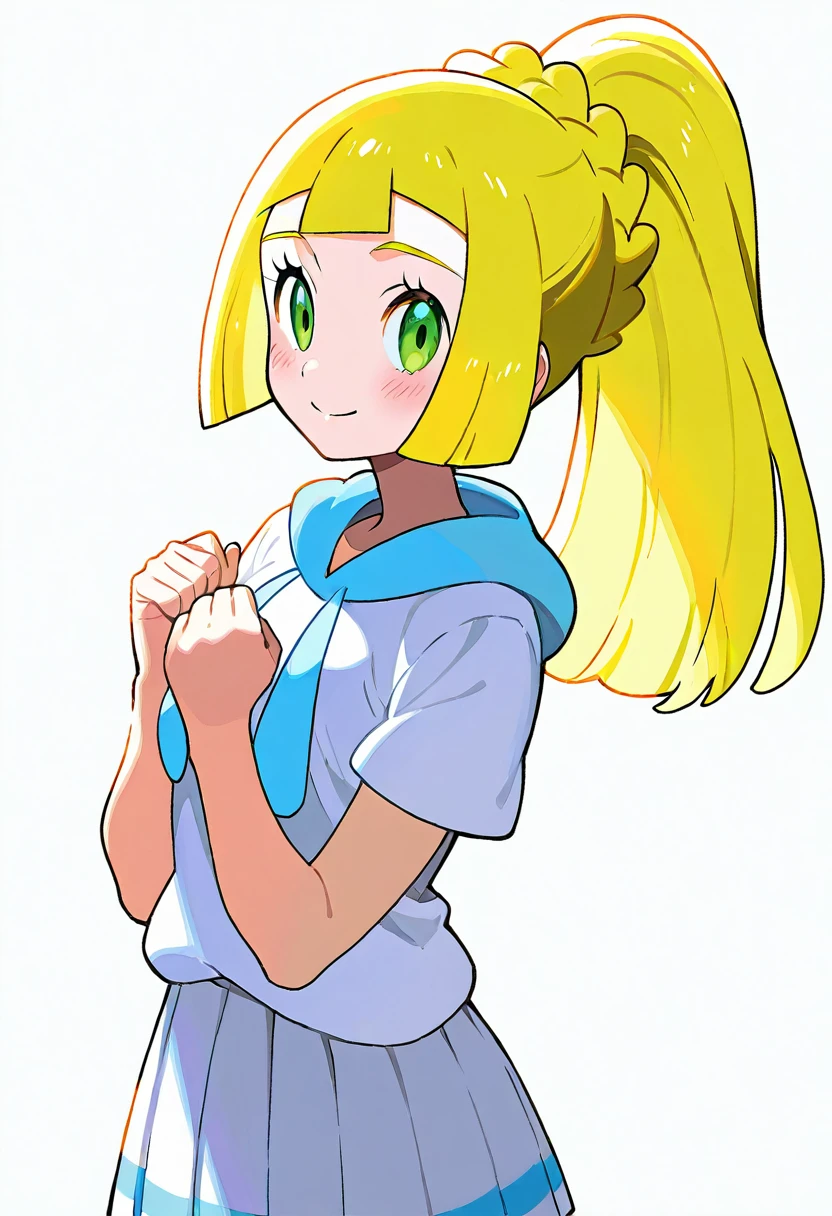 1girl, green eyes, blonde hair, long hair, clenched hands, ponytail, eyelashes, blush, braid, skirt, shirt, short sleeves, pleated skirt, looking at viewer, solo, white background, simple background, lillie (pokemon), closed mouth, white shirt, smile, white skirt, hands up