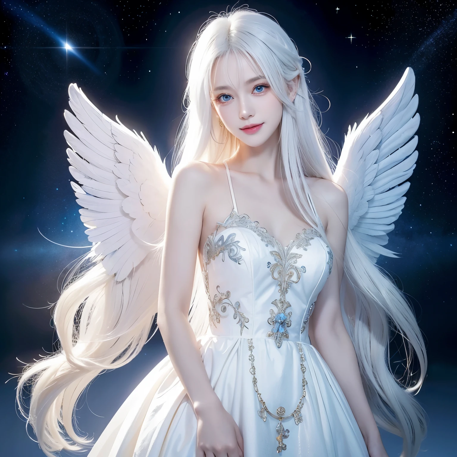   a woman,  Long White Hair ,   blue eyes ,   Smile,   angel wings  , Golden Halo,   white dress, standing upright  , In outer space,  God's presence  ,  distant stars,   upper body