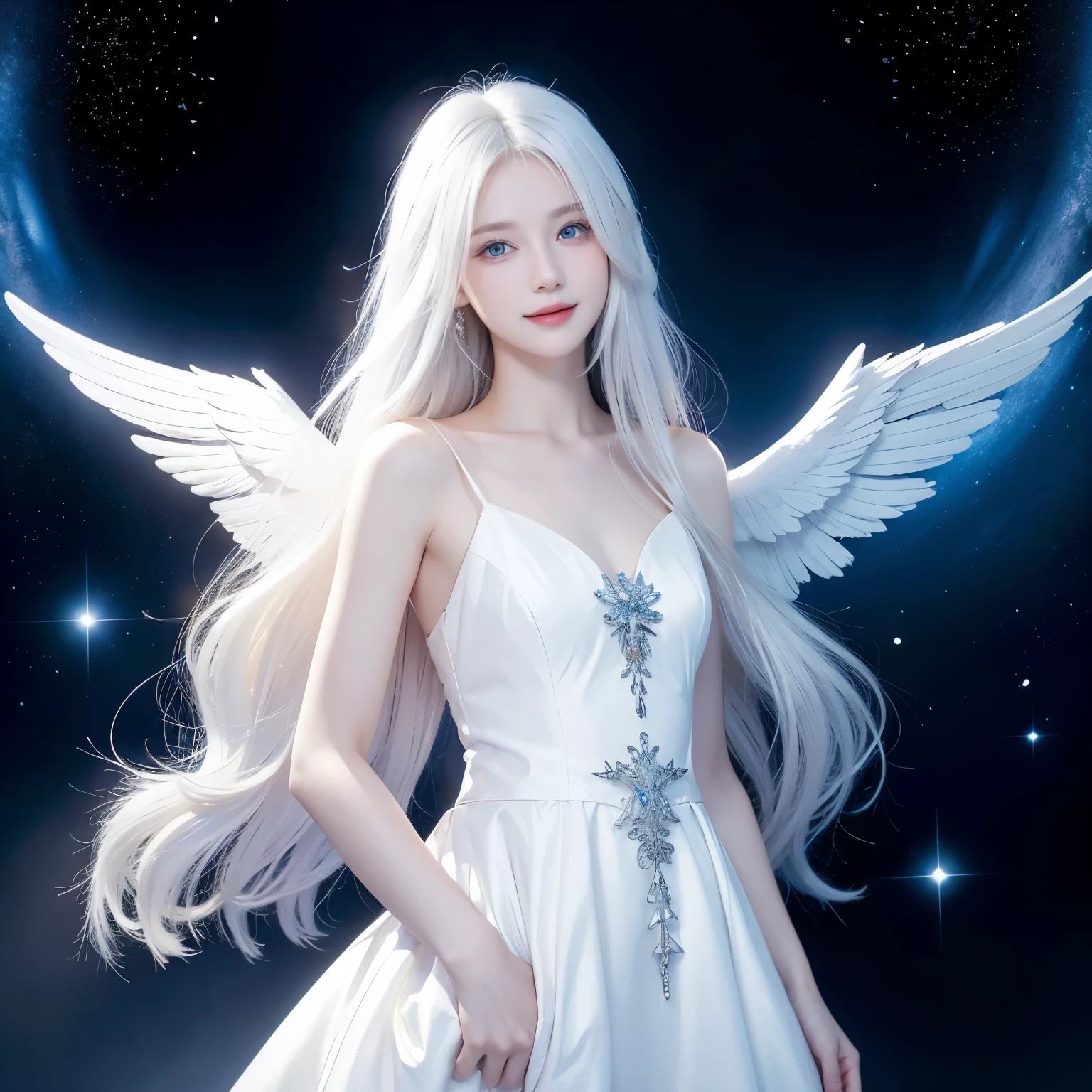   a woman,  Long White Hair ,   blue eyes ,   Smile,   angel wings  , Golden Halo,   white dress, standing upright  , In outer space,  God's presence  ,  distant stars,   upper body