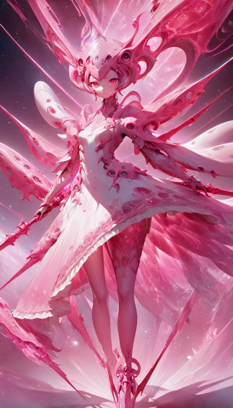 conceptual installation art, humanoid pink squid-like female style alien, pink and red, knight-like with large lance, covered in pink flesh, tentacles, wearing white and pink gradient pannier dress, background galaxy space, various effects, delicate and dynamic textures, contrasts of light and shadow, 2.5D, artistic photography, hyper realistic, digital graphic CG, BREAK ultra detailed, absolutely resolution, best quality