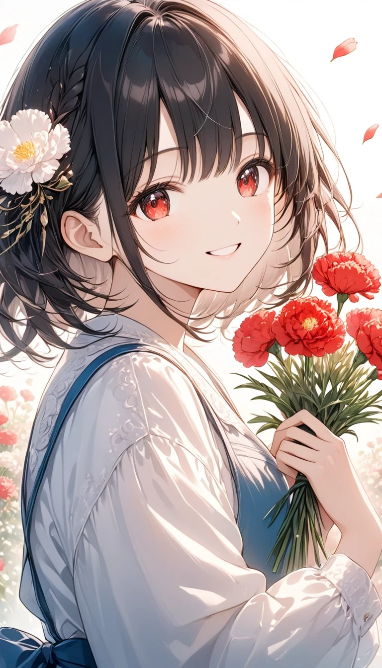 Anime Style,  WOMEN ARE LOOKING AT ME,1 person,  black hair,Mid-length hair,red eyes,Smiling person, PLEASE HAND ME A FLOWER ,   CARNATION FLOWER  ,White background,Very heartwarming,Vignette,Amazing shine , BEST SCENE MASTERPIECE  ,  best quality, exquisite,8k,  absurd, Ultra-detailed illustrations,(  watching the audience)