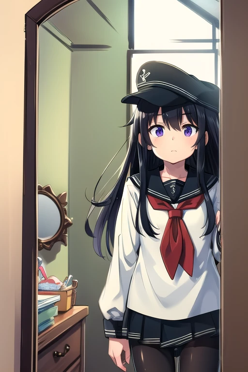 ( best quality,4K,8k, high definition ,masterpiece:1.2)，Akatsuki， a very young girl ，Very short stature， toddler figure ，Short legs， flat cap,  sailor suit ， white shirt,  Long Sleeve ， pantyhose ，green， Window ，Shine， Cowboy Shooting ， kampala，Amazing hands ，Stop watching 、 perfect hands to get close to a mirror，upside down， girls panties ，