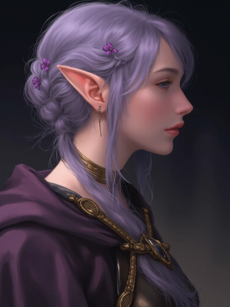 Image is a digital painting in a fantasy style, featuring a side profile of an elf-like character. The subject has pointed ears and delicate facial features, with fair skin and a serene expression. Her hair is a soft lavender color, intricately braided and adorned with small purple flowers. She wears ornate armor with gold detailing, and a purple cloak drapes over her shoulder. The background is a blend of dark and muted colors, creating a mystical and ethereal atmosphere. The lighting highlights her face and the intricate details of her attire, adding depth and focus to the composition.