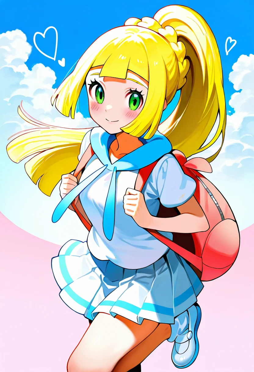 1girl, blonde hair, green eyes, long hair, ponytail, blush, braid, eyelashes, skirt, shirt, short sleeves, pleated skirt, shoes, looking at viewer, leg up, solo, lillie (pokemon), bag, backpack, white shirt, smile, white skirt, closed mouth, holding strap, pink bag, white footwear, sky, heart, cloud