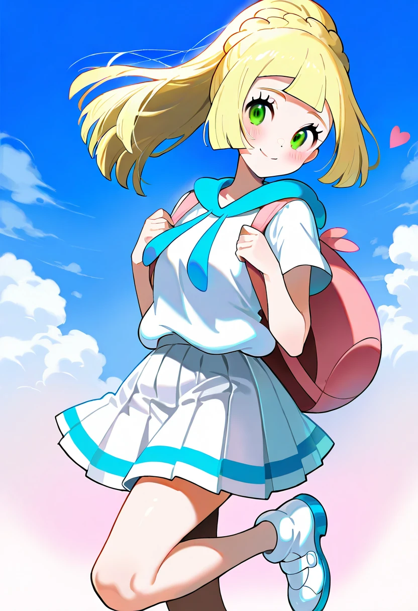 1girl, blonde hair, green eyes, long hair, ponytail, blush, braid, eyelashes, skirt, shirt, short sleeves, pleated skirt, shoes, looking at viewer, leg up, solo, lillie (pokemon), bag, backpack, white shirt, smile, white skirt, closed mouth, holding strap, pink bag, white footwear, sky, heart, cloud