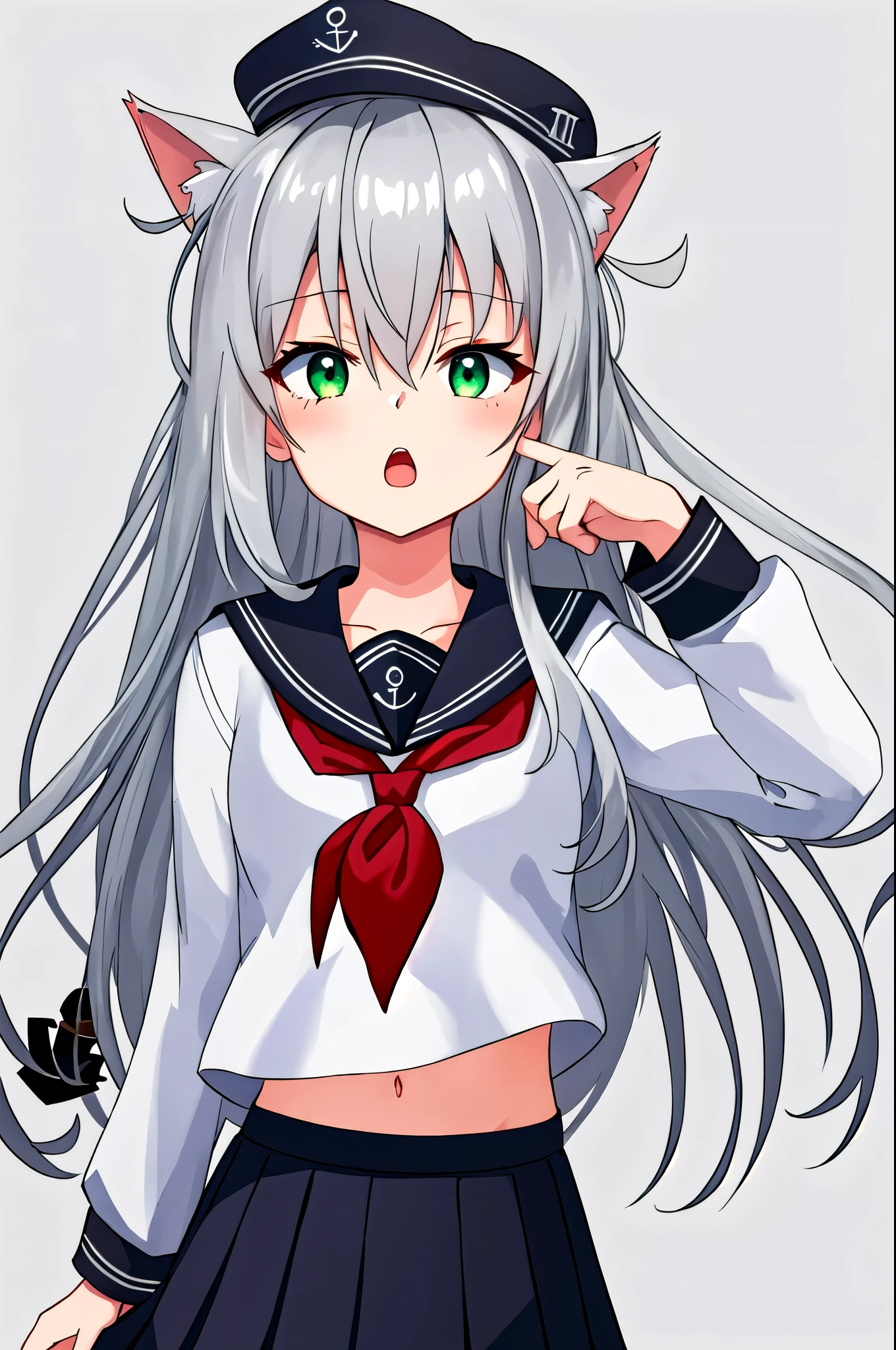  best quality, masterpiece,  high definition , Alone, {Hibiki_ kantaicolection :1.15}, length_hair, green_eye, , hair_between_eye, Seraph, gray_hair, hin, white_hair, anchor_symbol,  1 girl , black_ headwear, black_Sailor_ color, black_ skirt, flin_ cap, length_sleeve,  Neckerchief , pleined_ skirt, red_ Neckerchief , Sailor_ color, School_uniform,  skirt, cowboy_shot, white_background, Simple_background, black_太ももまin丈の靴下, Watching_in_ viewer, open_mouth