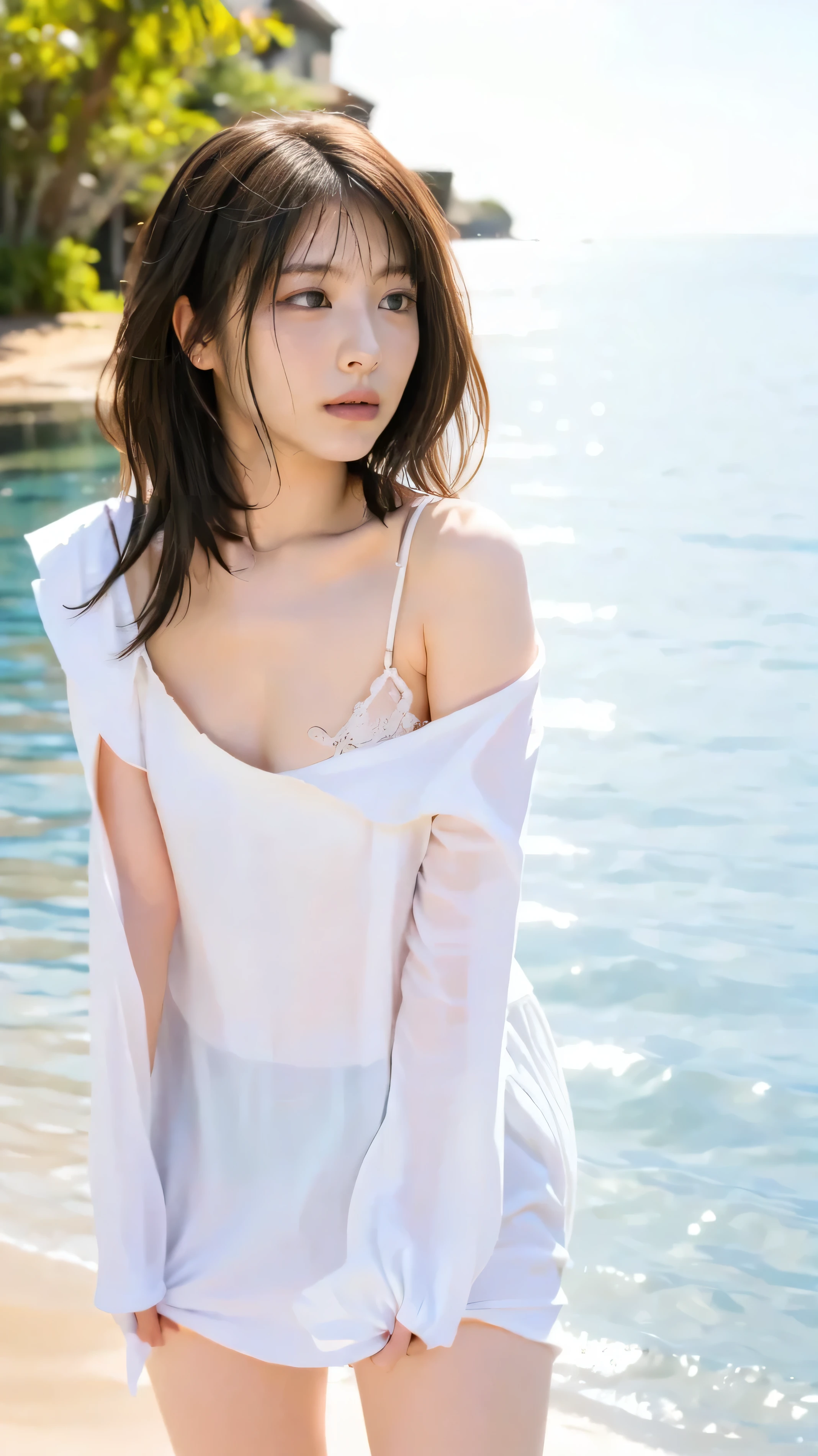 ((Extremely precise and accurate anatomy)), (masterpiece:1.43), Perfect balance, Realistic photos, Artistic body:1.22、young woman、Very realistic、High resolution photos、Backlight、Shoulder-length chestnut hair、The eyes are a striking green with gold flecks...、natureなアーチ型の眉毛、The skin is white and smooth、nature,、Healthy shine、natureな表情、Straight and white teeth、A micro bikini made of soft and light fabric that fits snugly.....、Sunlit beach in the evening、The sea swaying in the wind、Clear deep blue sky with white clouds、The sunlight is warm and golden、顔の特徴や衣服の質感を強調するnatureなハイライトと影、メイクは最小限でnature、Light Foundation、A faint blush、Subtle eyeliner、A little mascara々々々々々、Soft pink lip color、Mr...々Facial expressions and poses、Wavy Hair、A sense of movement and vitality、(((Shallow depth of field effect)))、Image focus、The atmosphere is warm、The energy of joy、natureの美