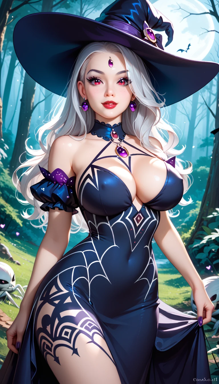 masterpiece, best quality, highly dramatic picture, beautiful eyes, cinematic lens effect, big beautifully shaped breasts , ultra cute, ultra sexy, ultra bouncy , ultra curvy , horny , pervert, ((Busty Bitches)), ((spider witch)), ecchi girl, sinister expression, location: evil forest, Dutch angle , platinum silver hair, spiderweb witch dress,