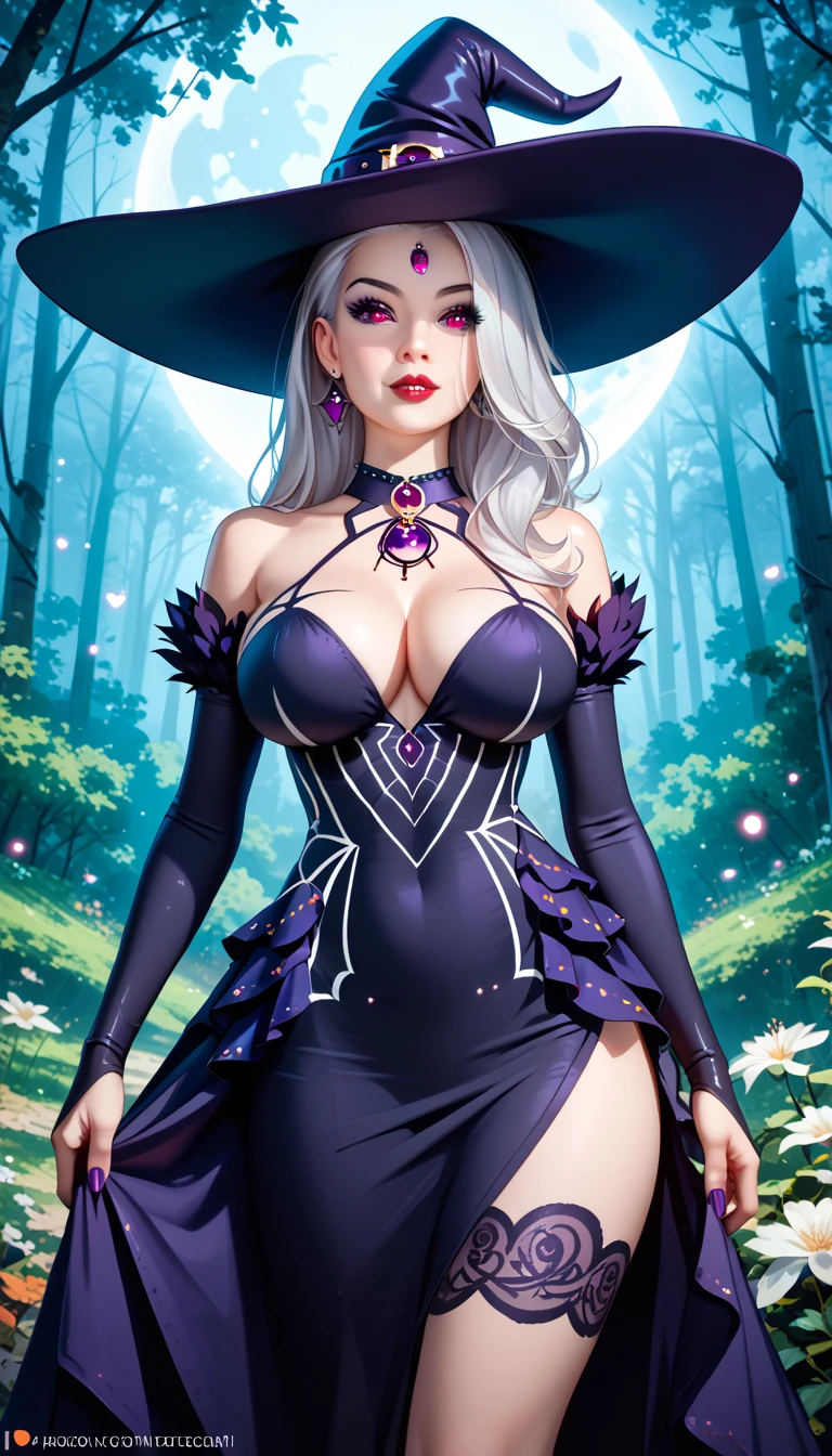 masterpiece, best quality, highly dramatic picture, beautiful eyes, cinematic lens effect, big beautifully shaped breasts , ultra cute, ultra sexy, ultra bouncy , ultra curvy , horny , pervert, ((Busty Bitches)), ((spider witch)), ecchi girl, sinister expression, location: evil forest, Dutch angle , platinum silver hair, spiderweb witch dress,