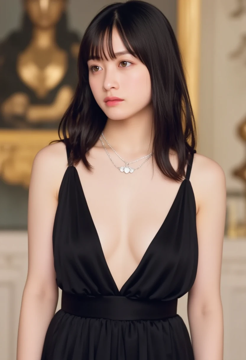  Hashimoto Kanna, one woman、beautiful、Perfect looks、 pale turquoise eyes :1.3, Big Breasts 、 perfect balance 、Black silk dress, Simple Diamond Necklace、((( blurry background)))、Luxury palace,、( please redeem : 1.1), (Realistic: 1.1), (  photos: 1.1), ( Very detailed: 1.1),nsfw, beautiful nipples, Completely naked、 boobs