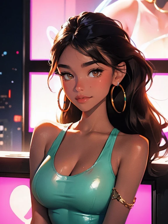 Tall hispanic woman with expressive hazel eyes and long wavy dark brown hair; warm olive skin; hourglass build; heart-shaped face with full lips; ample bosom; wearing casual clothes; best quality; trending on artstation; dark room with complex volumetric lighting; strong shadows; artistic lighting; dynamic; energetic vibe; realistic skin; specular highlights; micro-textures; highly detailed hair; in a convention centre
