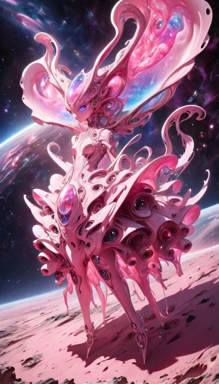 conceptual installation art, humanoid pink squid-like female style alien, pink and red, knight-like with large lance, covered in pink flesh, tentacles, wearing white and pink gradient pannier dress, background galaxy space, various effects, delicate and dynamic textures, contrasts of light and shadow, 2.5D, artistic photography, hyper realistic, digital graphic CG, BREAK ultra detailed, absolutely resolution, best quality