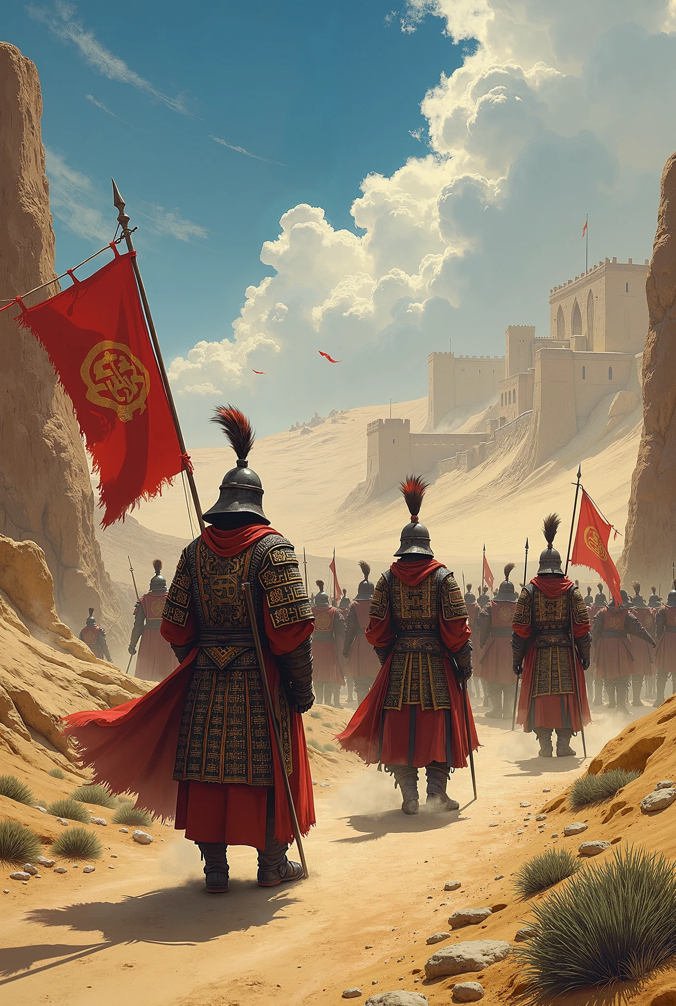 
Prompt:
A realistic-style painting of the Guiyi Army in the Late Tang Dynasty, set in the arid and rugged landscapes of northwest China. The soldiers are clad in Tang-era lamellar armor with intricate patterns, their gear reflecting the unique blend of Chinese and Central Asian influences of the region. Their helmets are adorned with feathers and silk scarves to shield against the harsh desert winds. The scene captures a moment of preparation before battle, with troops standing amidst jagged cliffs, yellow earth, and sparse vegetation typical of the northwest. In the background, a fortified city stands against the endless expanse of a golden desert under a vast, cobalt-blue sky. Dust swirls in the wind as banners emblazoned with Tang insignias flap violently, conveying a sense of determination and resilience. The colors are earthy and muted, emphasizing the austere and unforgiving beauty of the region.
