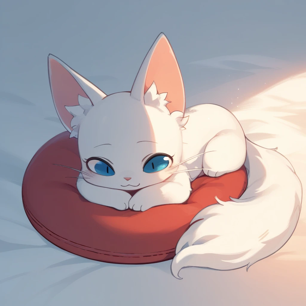 Cartoon style, inspired by Ghibli anime, featuring a small white kitten with soft fur and bright blue eyes, peacefully sleeping on a fluffy light red cushion. The kitten is curled up in a relaxed pose, with a serene expression and small ZZZ drawn above its head to represent sleep. The background is a simple, plain beige with no additional objects or distractions, emphasizing the calm and cozy atmosphere.